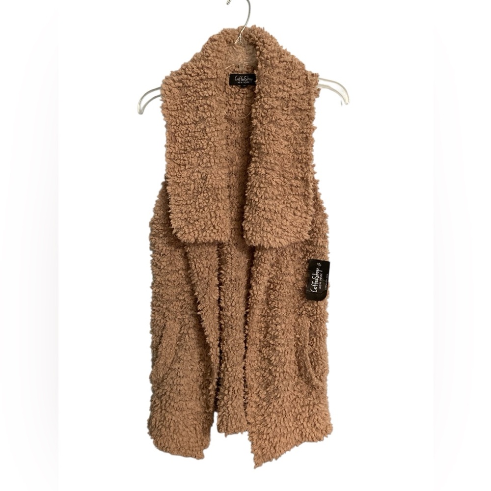 NWT Coffee Shop New York taupe popcorn open vest drape collar size M